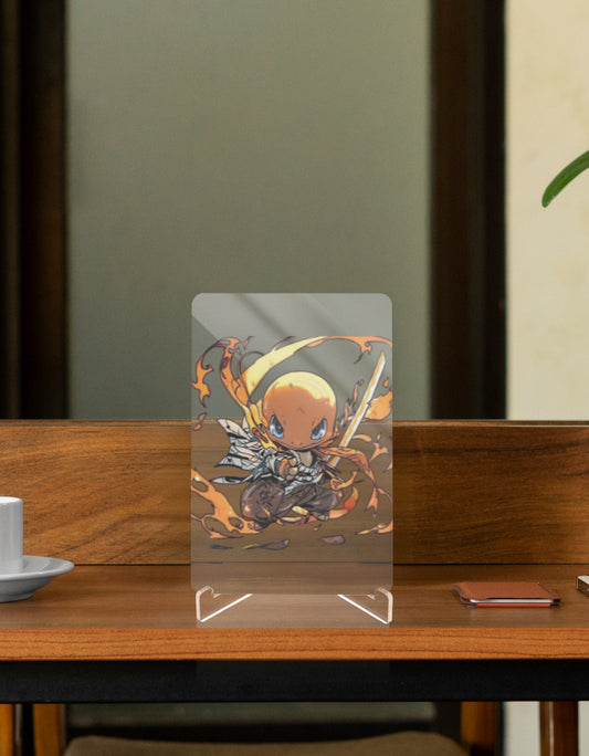 Charmander action figure display with vibrant flames and a dynamic pose on a wooden table