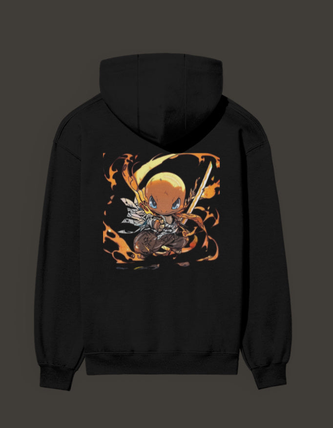 Charmander flame hashira hoodie featuring a cute character in flames with a sword design