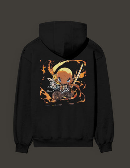 Charmander flame hashira hoodie featuring a cute character in flames with a sword design