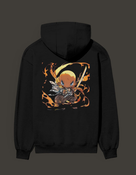 Charmander flame hashira hoodie featuring a cute character in flames with a sword design
