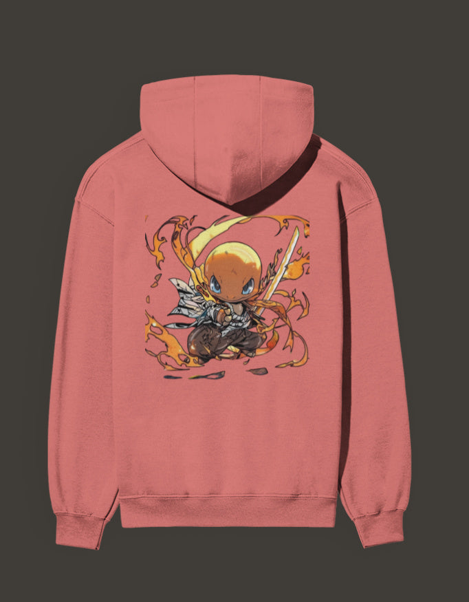 Charmander Flame Hashira Hoodie in Pink featuring a vibrant anime-inspired design on the back