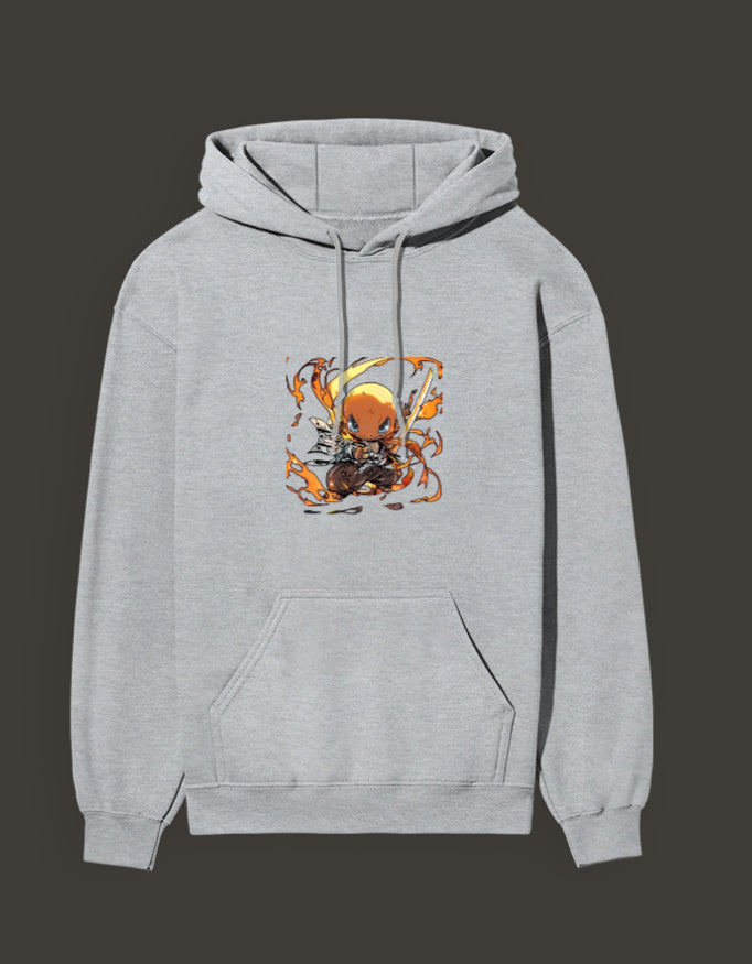 Grey Hoodie featuring Charmander Flame Hashira design with vibrant graphics for anime fans