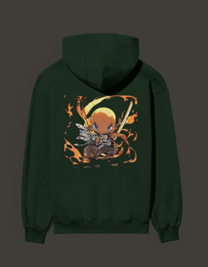 Charmander flame hashira hoodie featuring a vibrant design of a Charizard fighter with flames