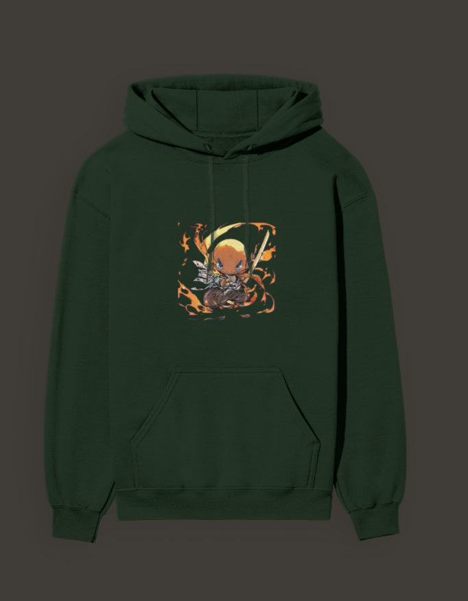 Charmander flame hashira hoodie featuring vibrant design on a green background
