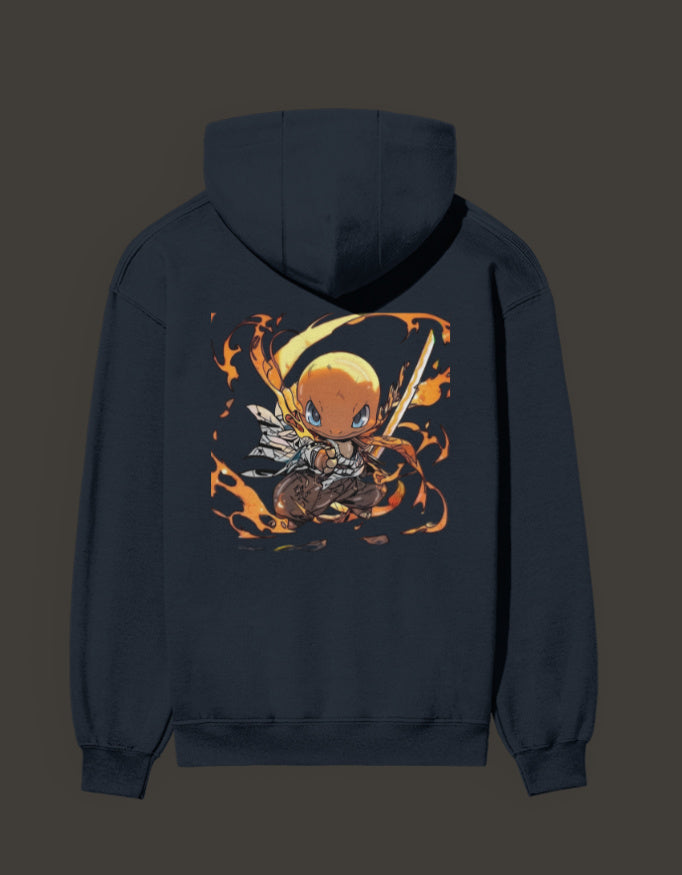 Charmander flame hashira hoodie featuring a detailed fire-themed character design on the back