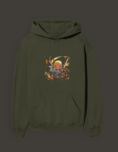 Charmander flame hashira hoodie in olive green featuring vibrant flame artwork on the front