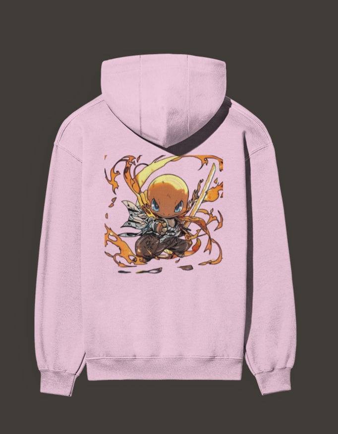 Charmander Flame Hashira Hoodie in pink featuring a vibrant character design on the back