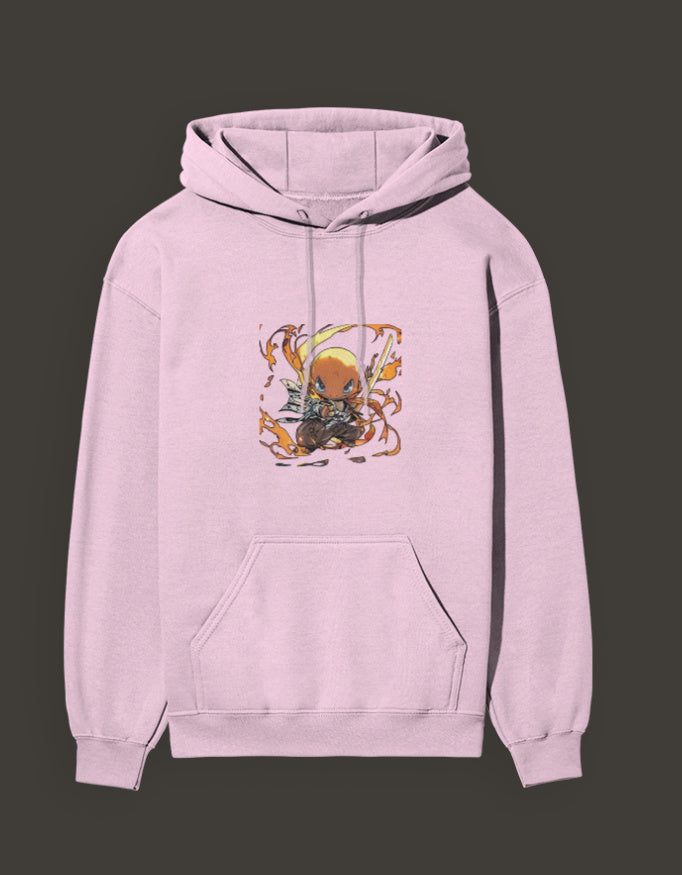 Pink charmander flame hashira hoodie featuring a colorful flame design on the front