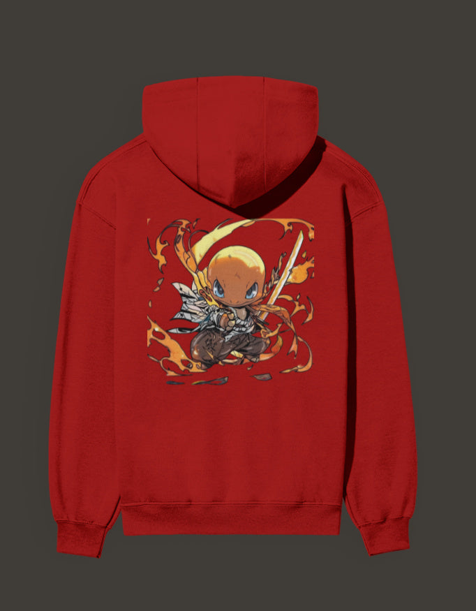 Red Charmander Flame Hashira Hoodie featuring a cute flame warrior design on the back