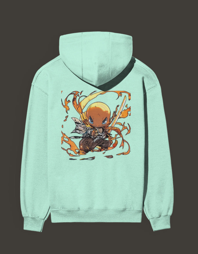 Mint Green Charmander Flame Hashira Hoodie Featuring a Colorful Charizard Design on Back