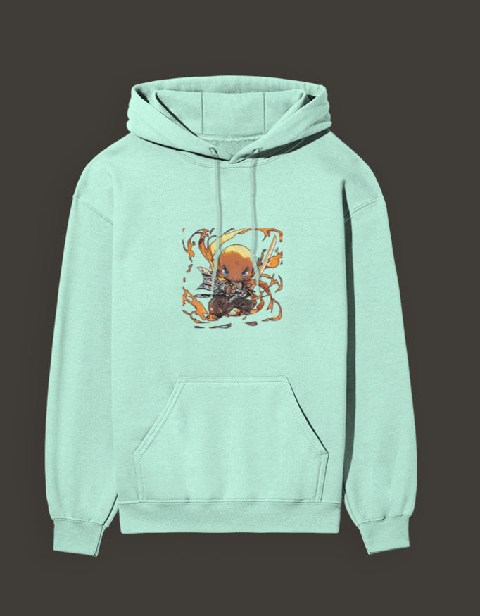 Mint Green Charmander Flame Hashira Hoodie with Vibrant Artwork on Front