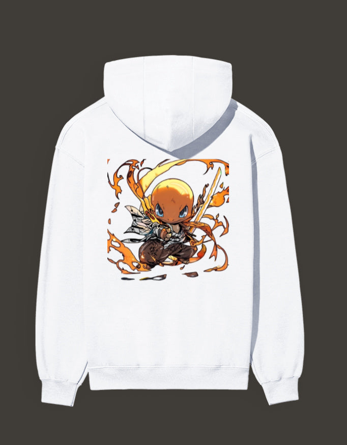 White Charmander Flame Hashira Hoodie featuring a colorful anime character design on the back