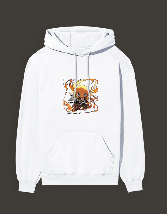 Charmander Flame Hashira Hoodie in white featuring vibrant flame design and spacious front pocket