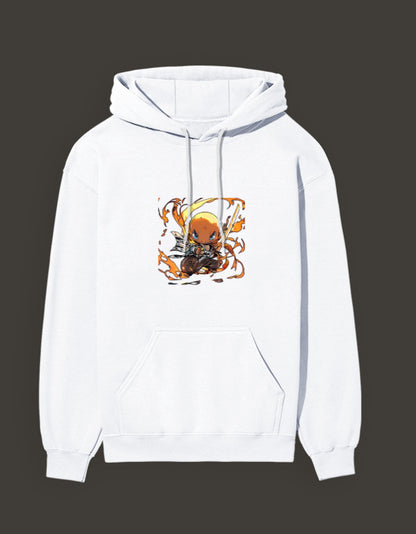 Charmander Flame Hashira Hoodie in white featuring vibrant flame design and spacious front pocket