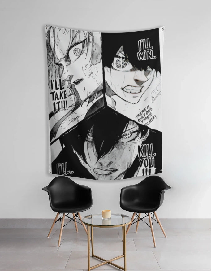 anime ego tapestry black and white manga style wall hanging with three intense character panels above chairs