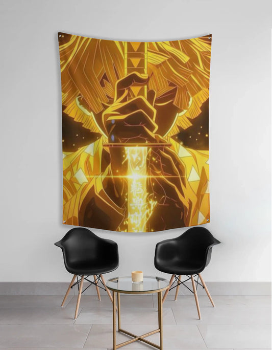 AnimeVerseStore Zenitsu wall tapestry showing glowing golden anime character holding sword, wall decor for bedroom or living room