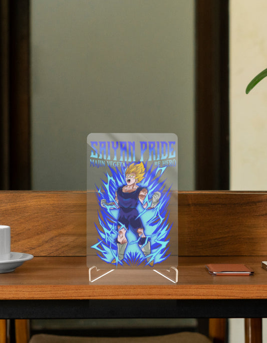 Majin Vegeta relic display featuring Saiyan Pride design with vibrant blue energy effects