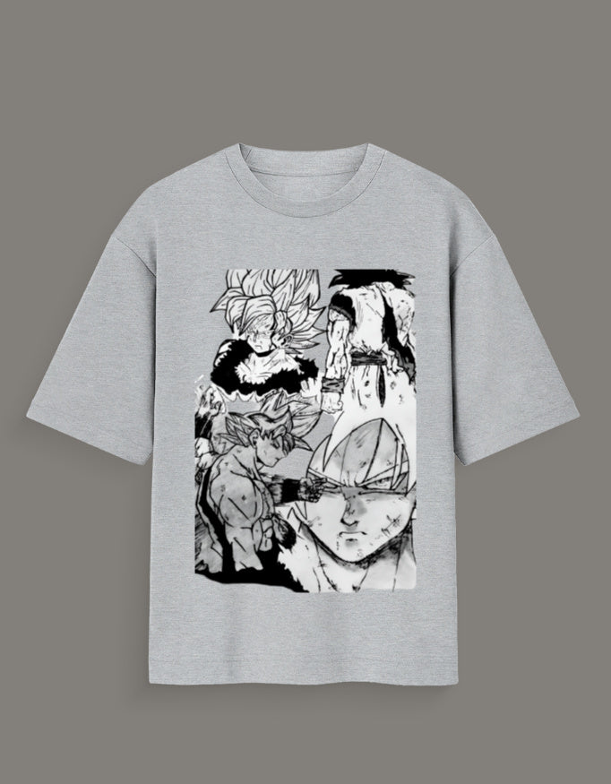 Gray Dragon Ball Z artist tee featuring black and white manga-style character illustrations
