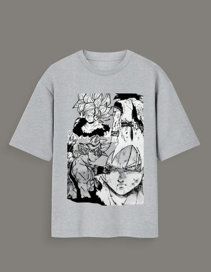 Gray Dragon Ball Z artist tee featuring black and white manga-style character illustrations