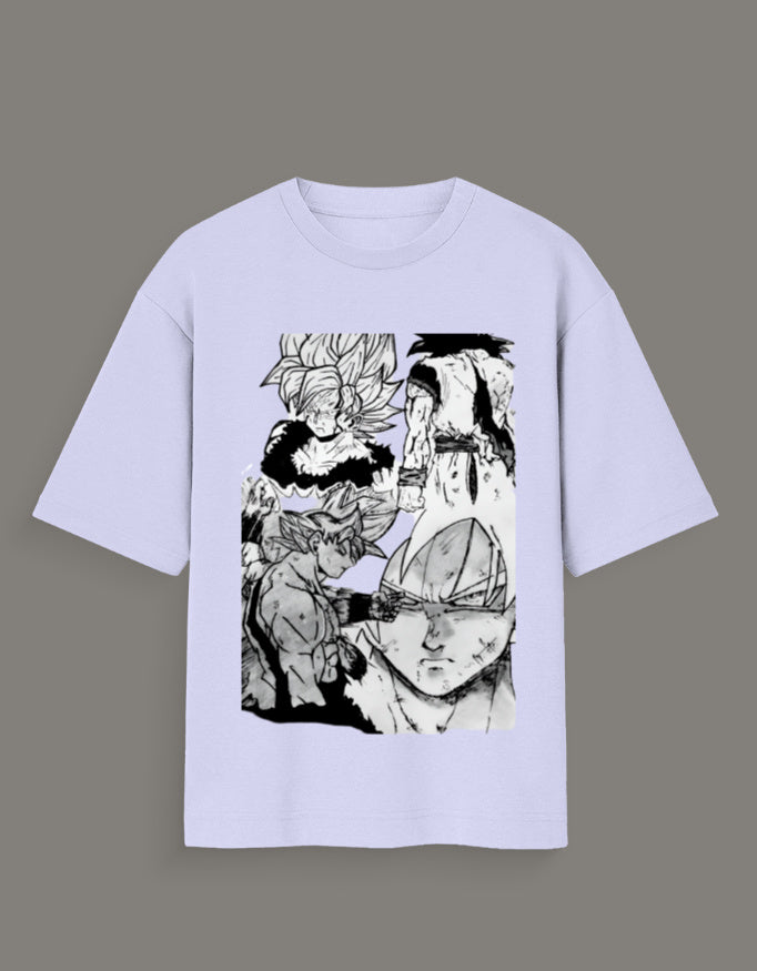 Light purple Dragon Ball Z artist tee featuring black and white manga-style character illustrations