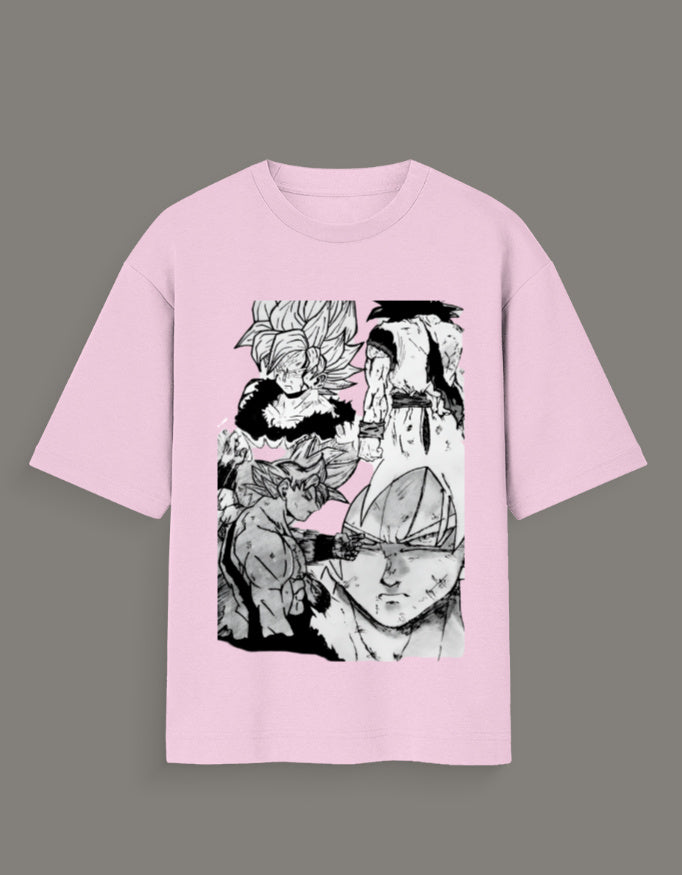 Light pink Dragon Ball Z artist tee featuring black and white manga-style character illustrations