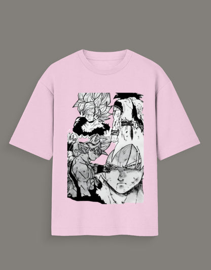 Light pink Dragon Ball Z artist tee featuring black and white manga-style character illustrations
