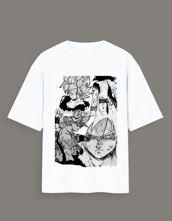 White Dragon Ball Z artist tee featuring black and white manga panels of characters in action
