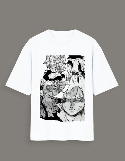 White Dragon Ball Z artist tee featuring black and white manga panels of characters in action