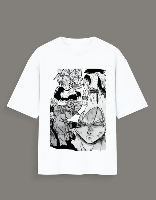 White Dragon Ball Z artist tee featuring black and white manga panels of characters in action