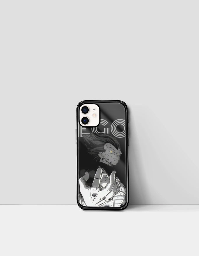 Black ego anime phone cover with detailed monochrome illustration of an anime character reaching forward