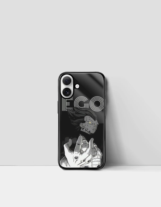 Black ego anime phone cover with detailed grayscale anime character design and bold text