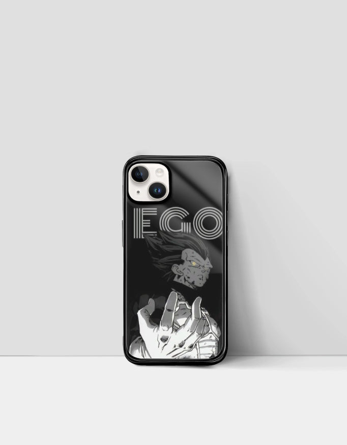 Black ego anime phone cover with dark character art and bold white text design
