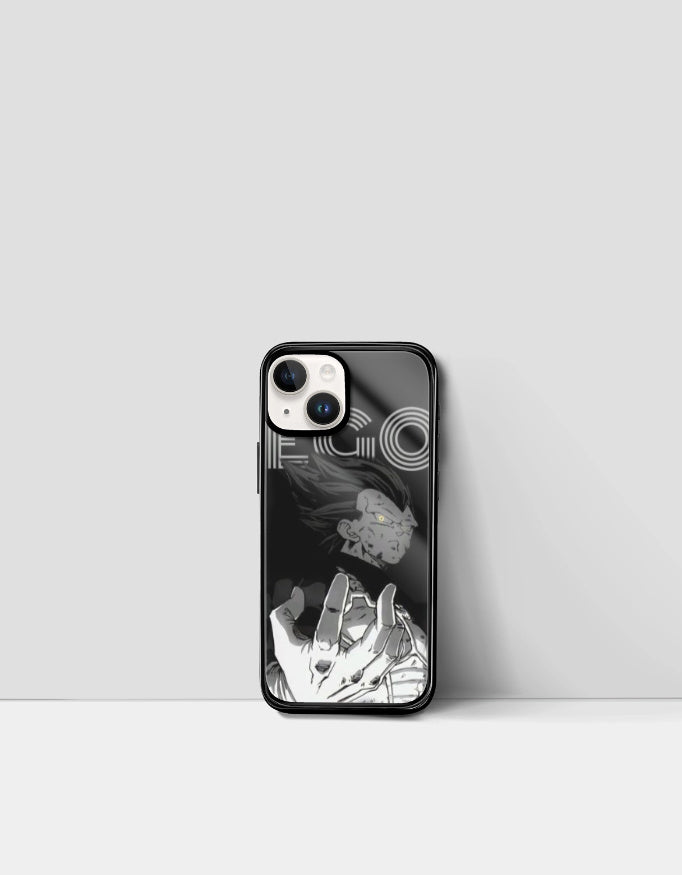 Black ego anime phone cover featuring a dark character design with extended hand and bold text