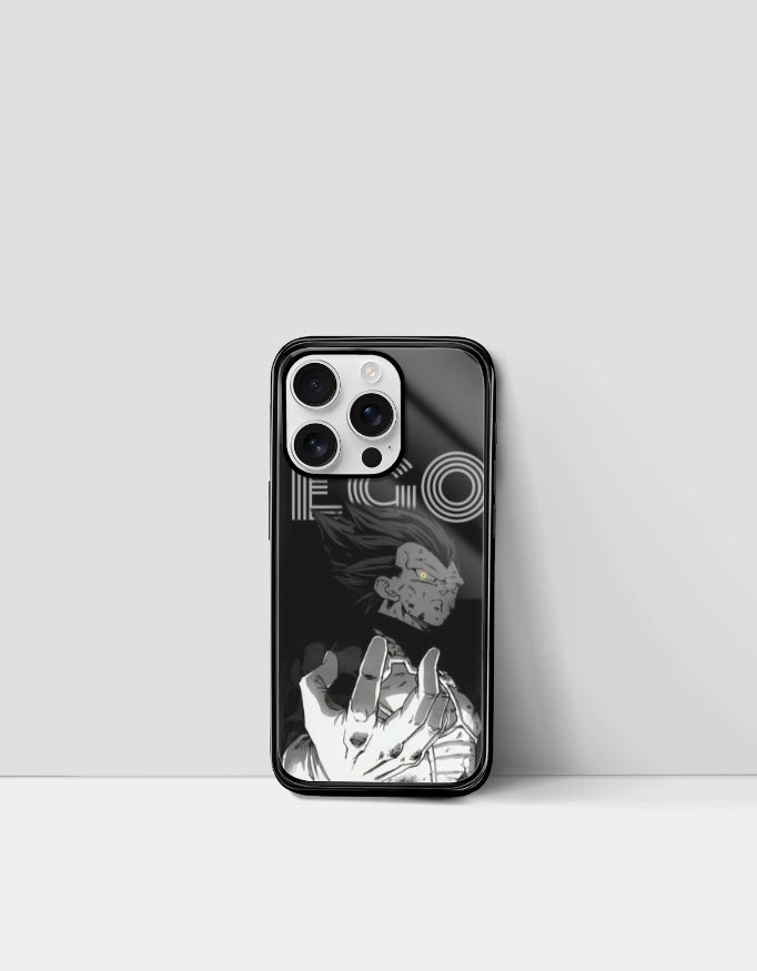 Black ego anime phone cover featuring a monochrome character design with bold text and dynamic pose