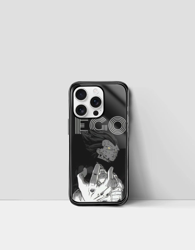 Black ego anime phone cover with dark character design and bold white text on smartphone
