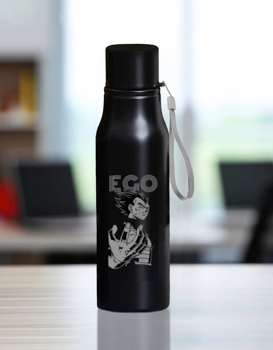Black matte ego engraved water bottle with wrist strap featuring detailed anime-style design