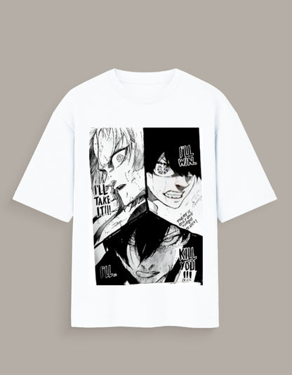 White ego manga art graphic tee featuring black and white manga character panels with intense expressions