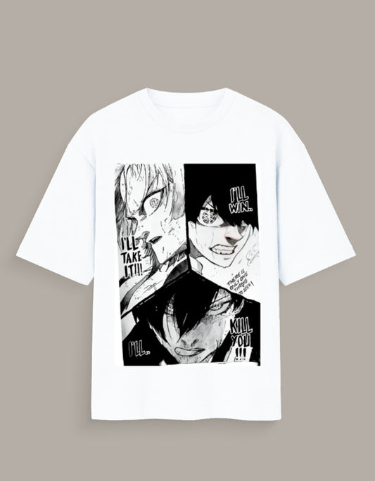 White ego manga art graphic tee featuring black and white manga character panels with intense expressions
