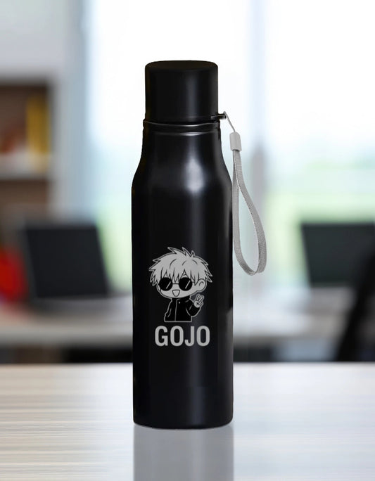 Black engraved gojo water bottle with anime character design and gray strap for easy carrying