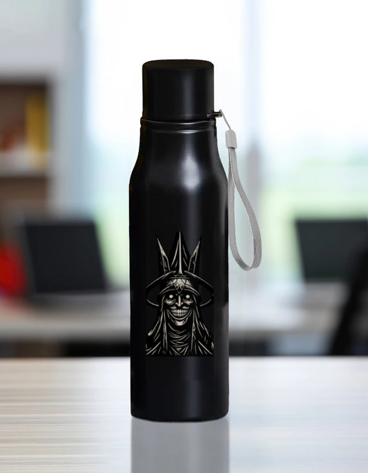 Black engraved anime water bottle with detailed character design and wrist strap from AnimeVerseStore