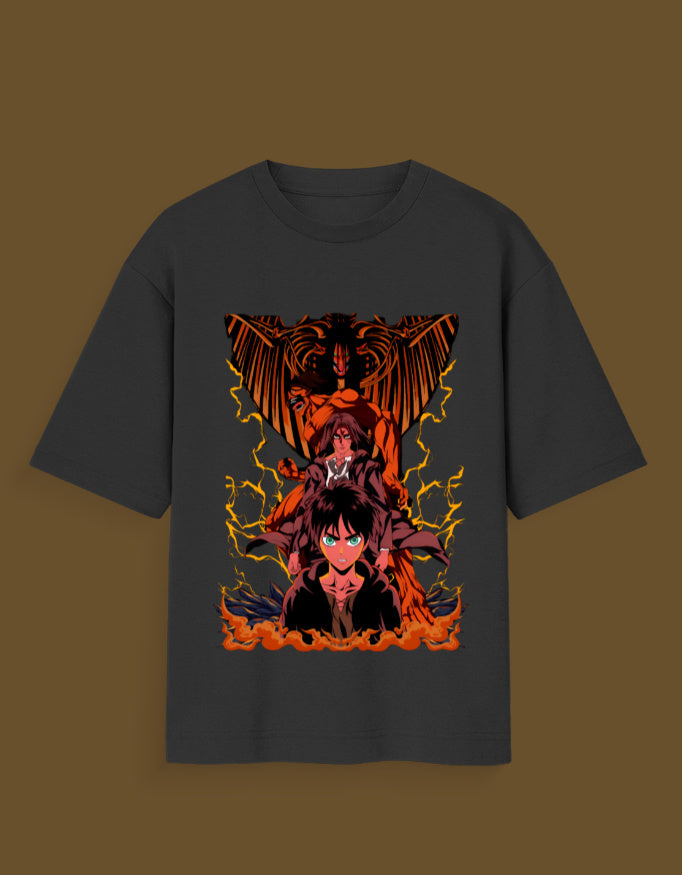 Black Eren Yeager Founder Titan t-shirt featuring anime character design with fiery and lightning effects