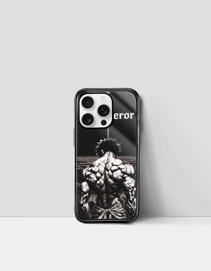 Black error anime phone cover featuring a muscular anime character with spiky hair from behind