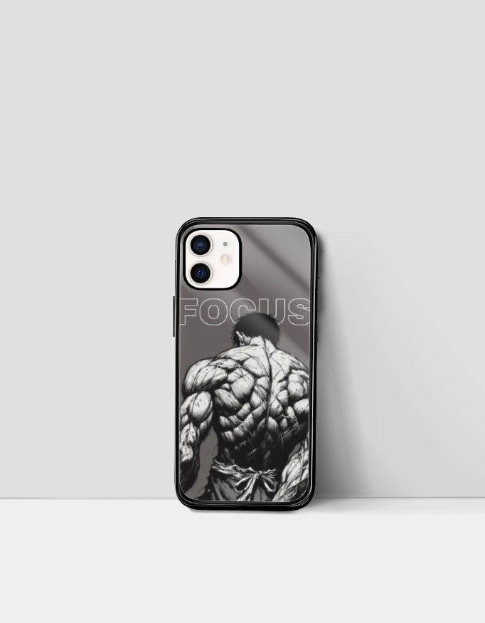 Black anime style focus manga phone case featuring a muscular character's back with bold text