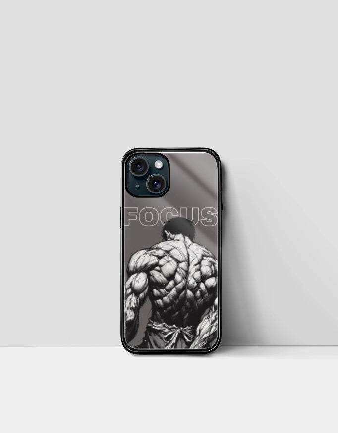 Focus manga phone case featuring a muscular manga character in black and white for anime fans