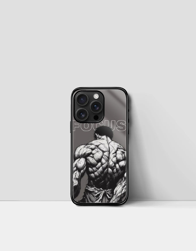Focus manga phone case featuring a muscular manga character with the word FOCUS in bold on black background