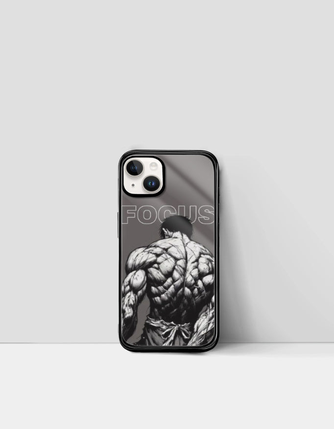 Focus manga phone case featuring a muscular anime character with detailed back muscles and the word FOCUS
