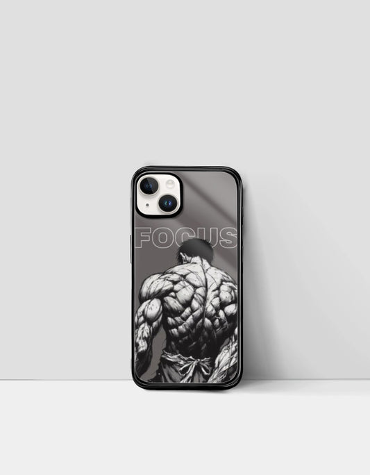 Focus manga phone case featuring a muscular anime character with detailed back muscles and the word FOCUS