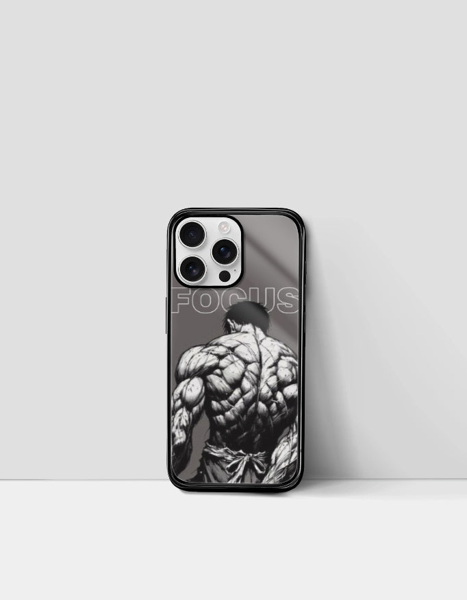 Focus manga phone case featuring muscular anime character with detailed back design in black and white