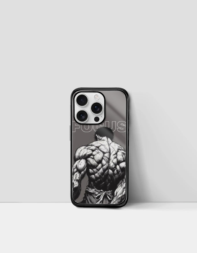 Focus manga phone case featuring a muscular manga character with detailed shading on a black background