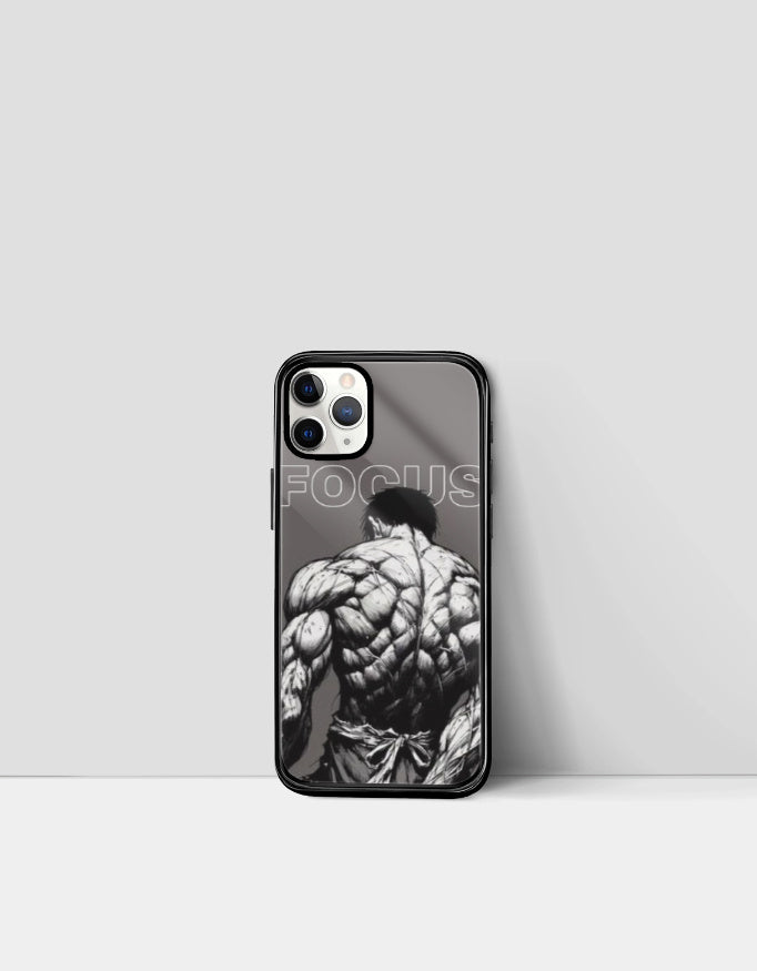 Focus manga phone case featuring muscular manga character with back muscles and word focus on black background